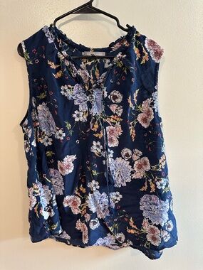 Daniel Rainn 100% Silk Floral Blouse 3X | Navy Sleeveless Floral Top
